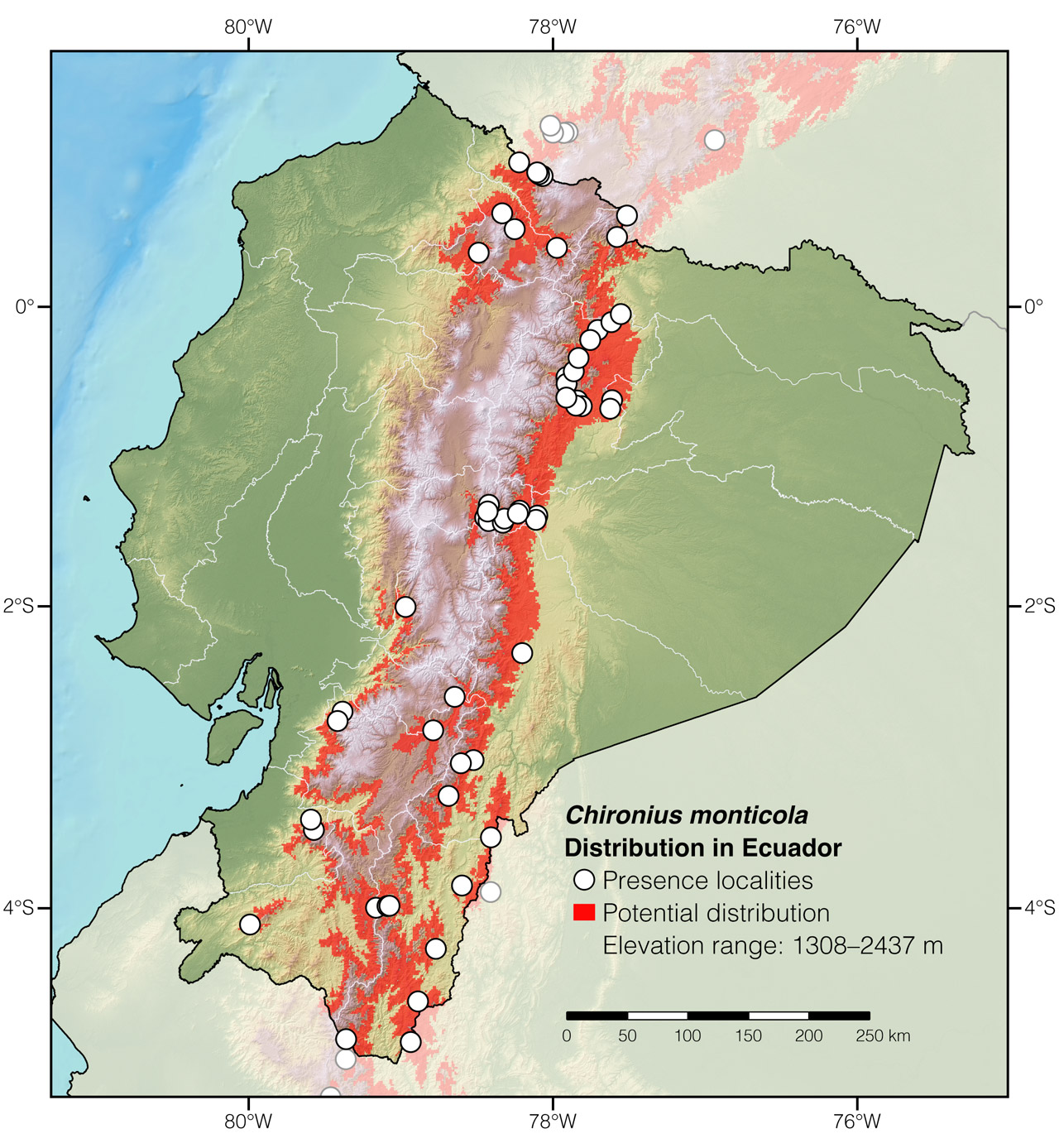 Distribution of Chironius monticola in Ecuador