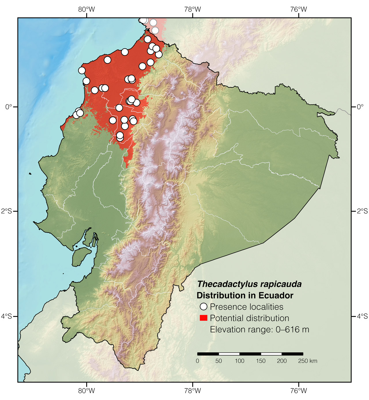 Distribution of Thecadactylus rapicauda in Ecuador